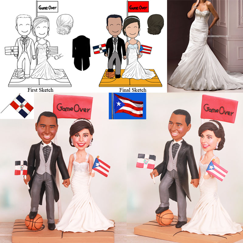Basketball Wedding Cake Toppers With Dominican Republic and Puerto Rican Flag